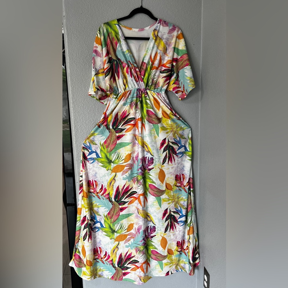 Pink and Green Flutter Sleeve V-Neck Sundress